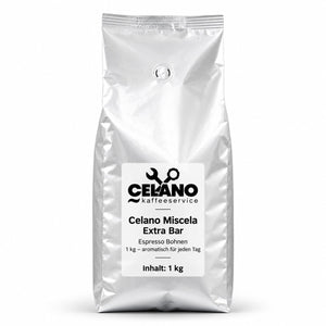 Celano Miscela Extra Bar Espresso-Bohnen in silberner 1-kg-Tüte mit Aromaventil und weißem Etikett, Vorderansicht