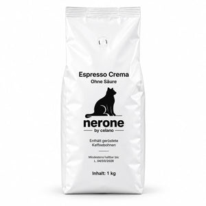 Celano Nerone Espresso Crema Kaffeebohnen in weißer 1-kg-Tüte mit Aromaventil und schwarzem Katzen-Logo, Vorderansicht