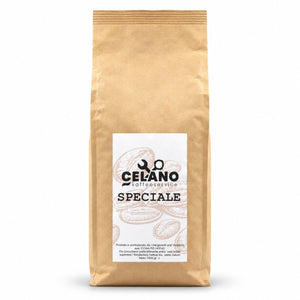 Celano Speciale Espresso-Kaffeebohnen in brauner Kraftpapiertüte mit weißem Etikett und Bohnen-Motiv, 1 kg, Vorderansicht