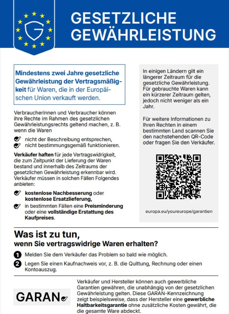 Offizielle Mitteilung der Europäischen Union: Für Waren, die in der EU verkauft werden, gilt eine gesetzliche Gewährleistung der Vertragsmäßigkeit von mindestens zwei Jahren. Verbraucherinnen und Verbraucher können ihre Rechte geltend machen, wenn Waren nicht der Beschreibung entsprechen oder nicht bestimmungsgemäß funktionieren. Verkäufer müssen in solchen Fällen kostenlose Nachbesserung oder kostenlose Ersatzlieferung anbieten, in bestimmten Fällen eine Preisminderung oder die vollständige Erstattung des Kaufpreises. Melden Sie dem Verkäufer das Problem so bald wie möglich und legen Sie einen Kaufnachweis vor.